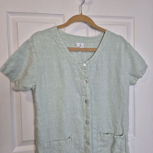 Via Vai By Pollero Women's Large Linen Button Maxi Dress Mint Green Short Sleeve - Picture 2 of 6